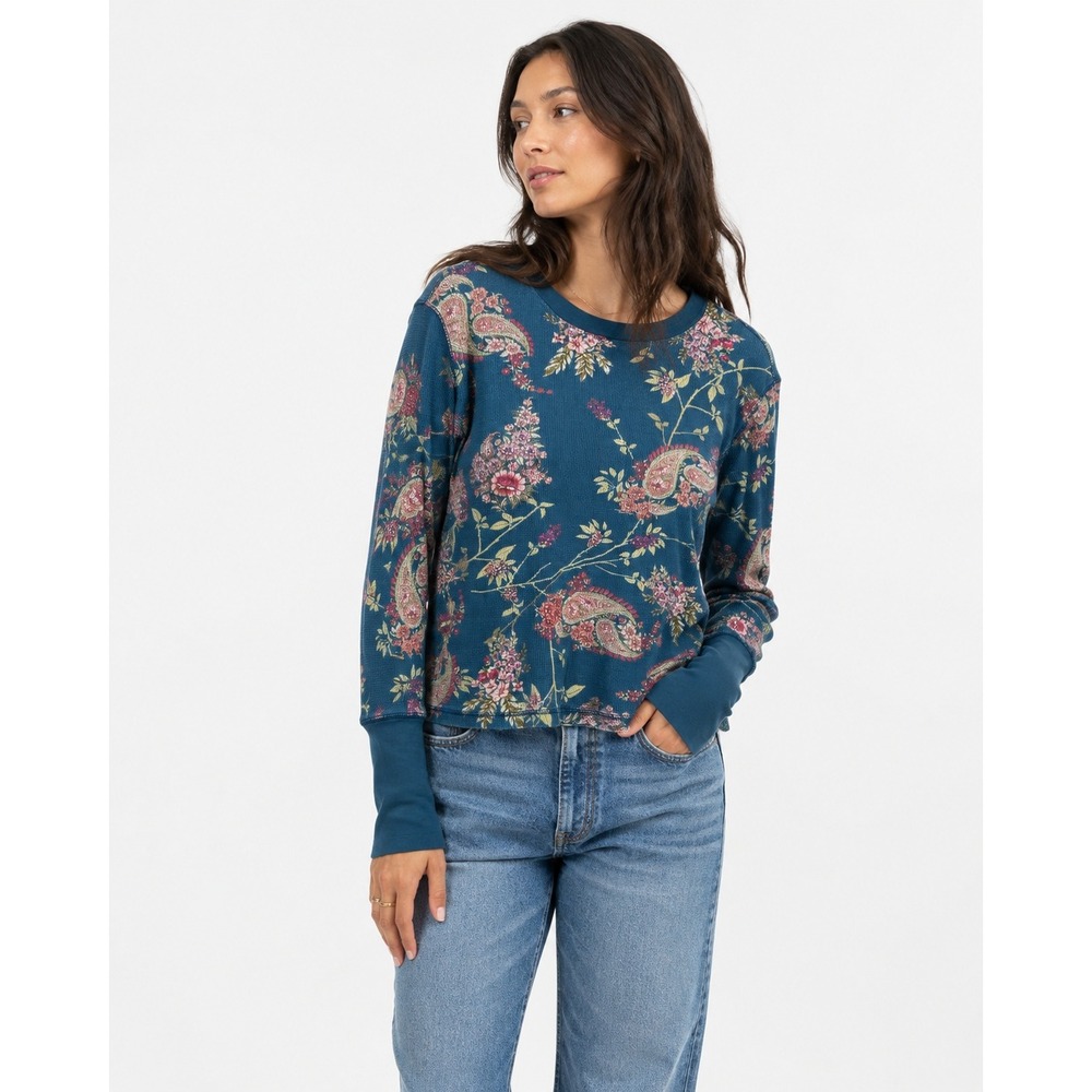 Sundance Thermal Waffle Knit Top Large Teal Paisley Floral Velvet Cuff Boho